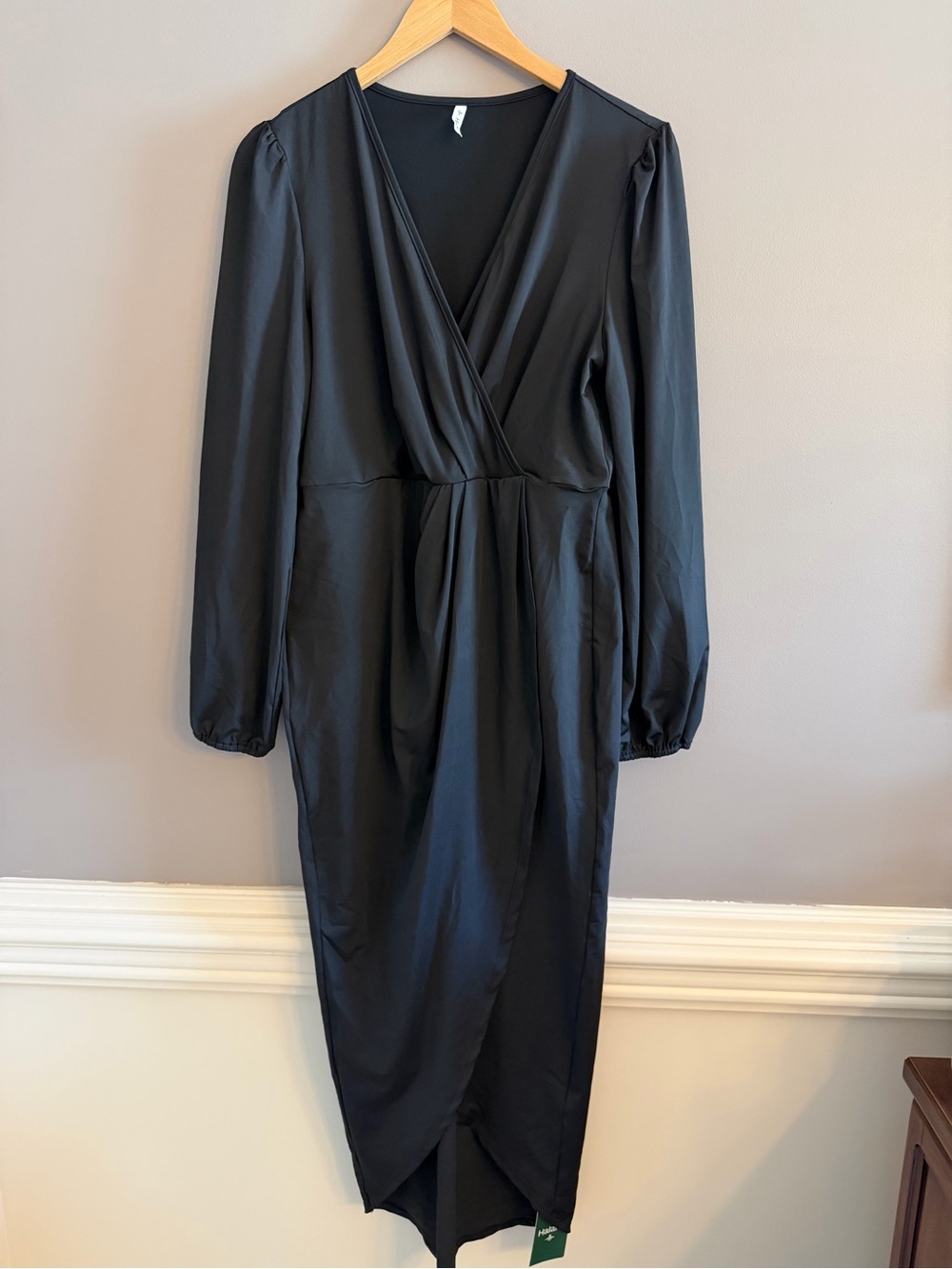 NWT Halara Black Faux-Wrap Midi Dress Long Sleeve Sz L